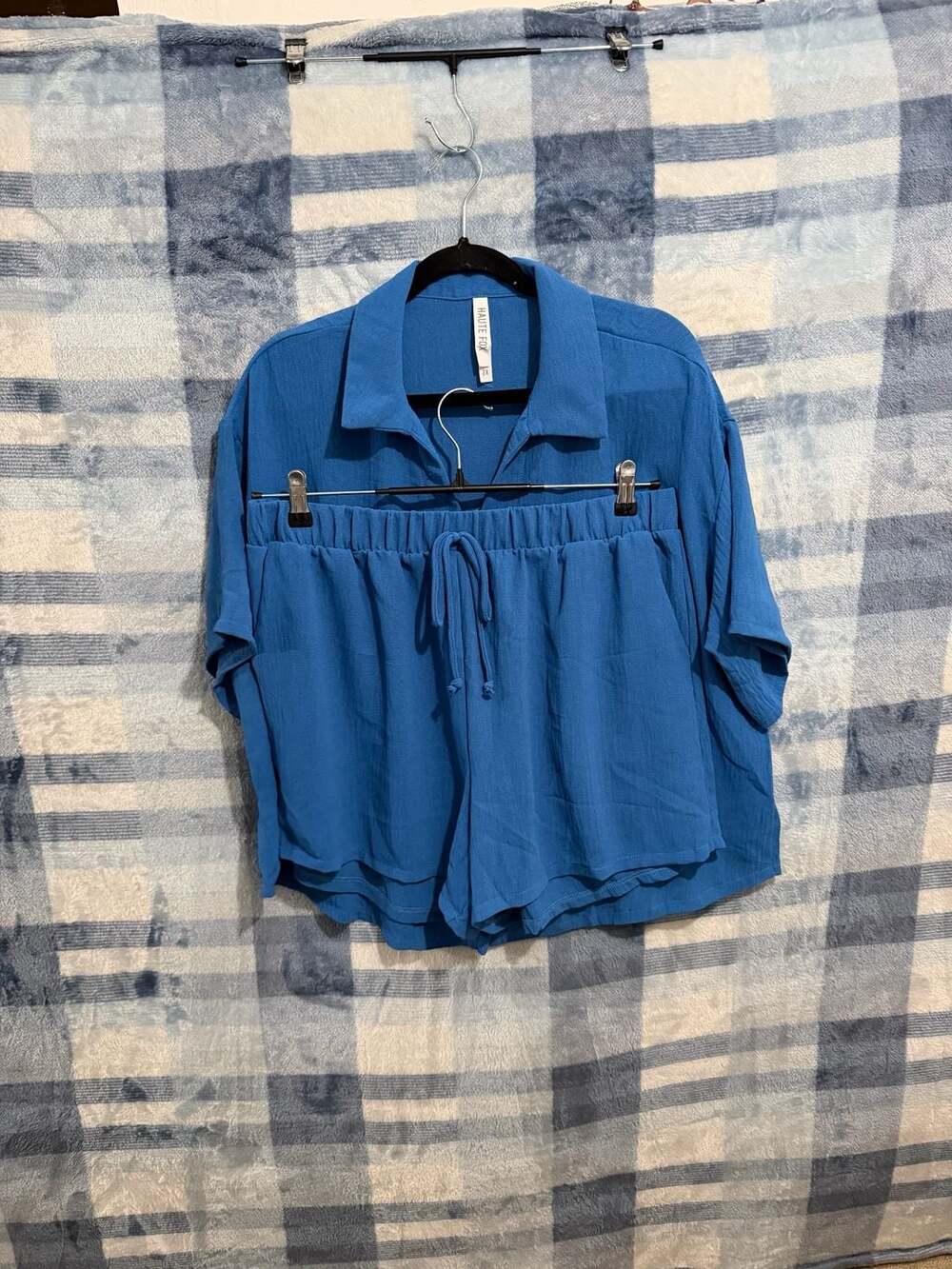 Haute Fox Blue Crinkle Short Sleeve Button-Up Shirt and Drawstring Shorts Set 2X